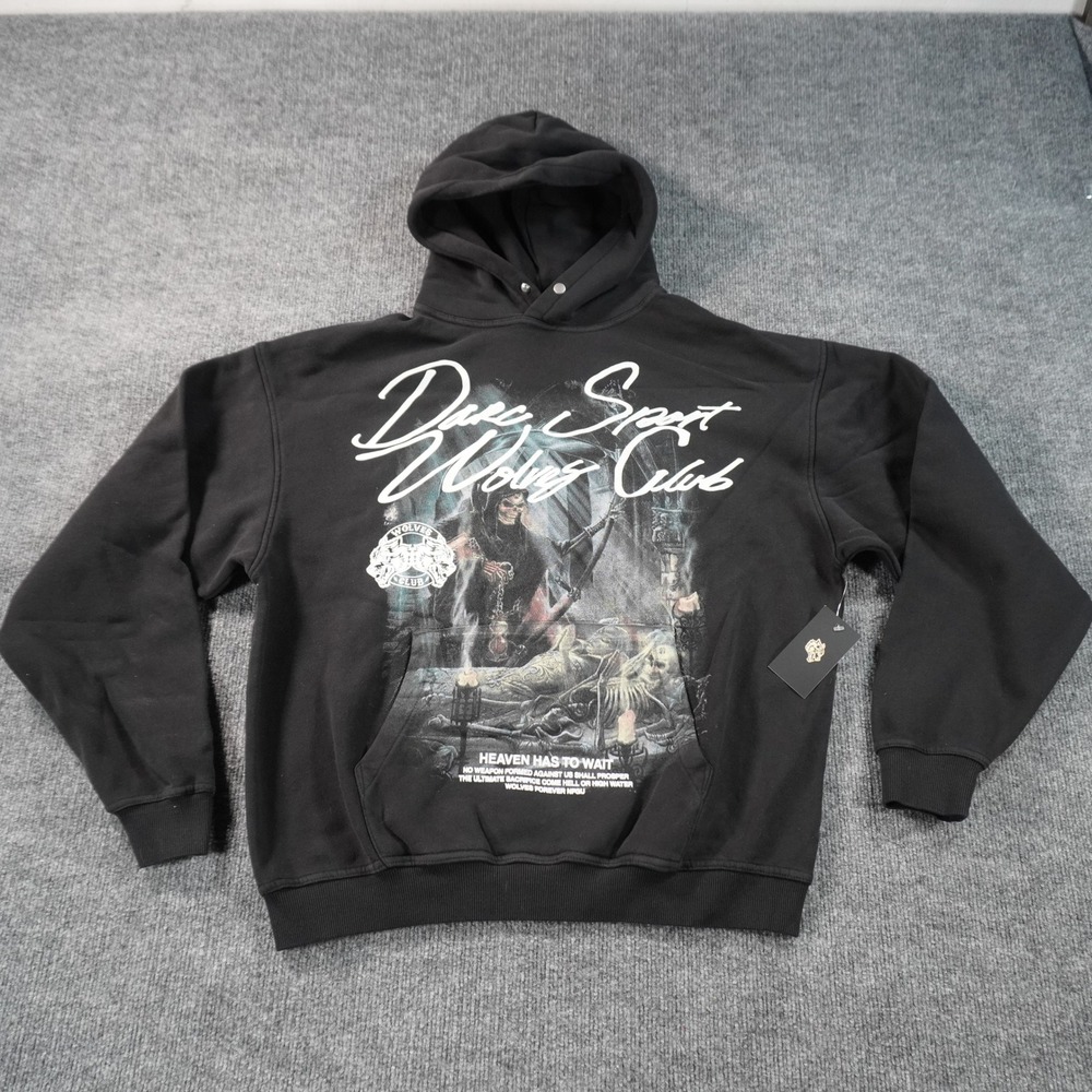 Darc Sport Wolves Club Hoodie Mens Medium Black Heaven Has To Wait Graphic AOP
